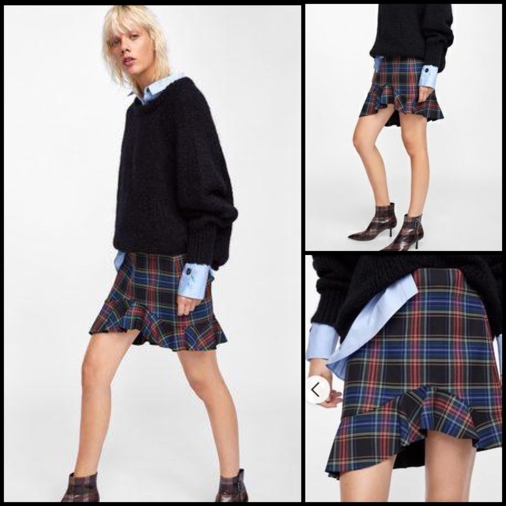Zara Plaid Check Tartan Asymmetrical Ruffle Hem Academia Y2K Clueless Skirt S